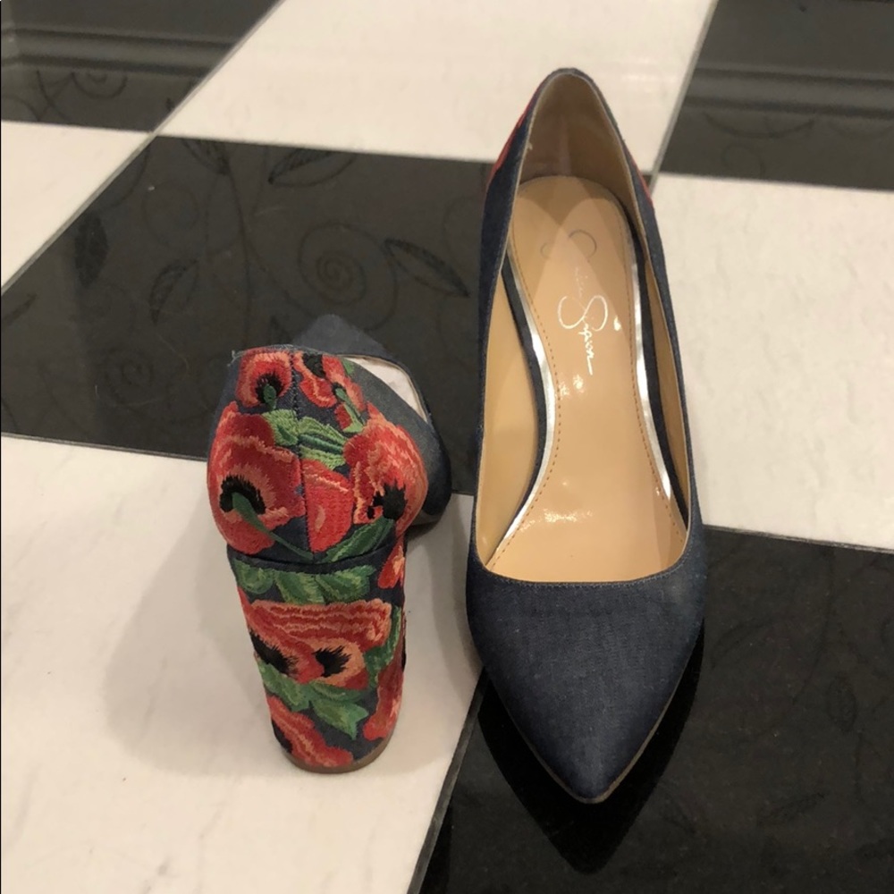 Jessica Simpson Blue Denim Pumps with Red Floral Embroidered Heel
